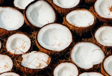 A variety of halved coconuts