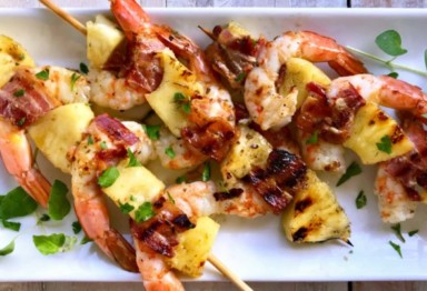 Bacon pineapple shrimp skewers