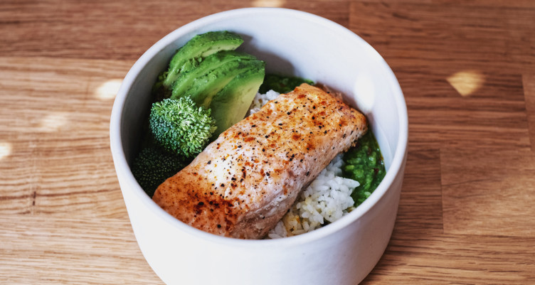 salmon rice avocado and broccoli