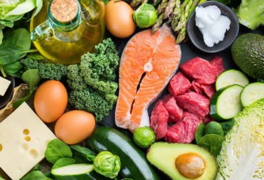 A photo of colorful foods, including produce, eggs and meat