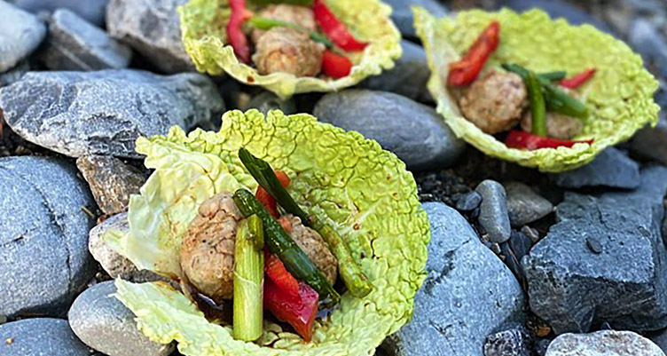 Low-Carb Dumpling Cabbage Wraps with Black Vinaigrette