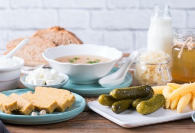 Assorted probiotic foods on a table.