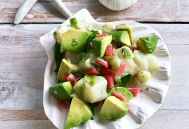 Keto halibut ceviche on clam dish