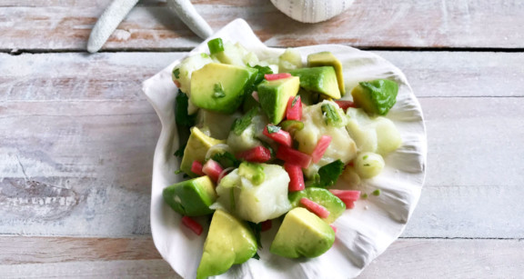 Keto halibut ceviche on clam dish